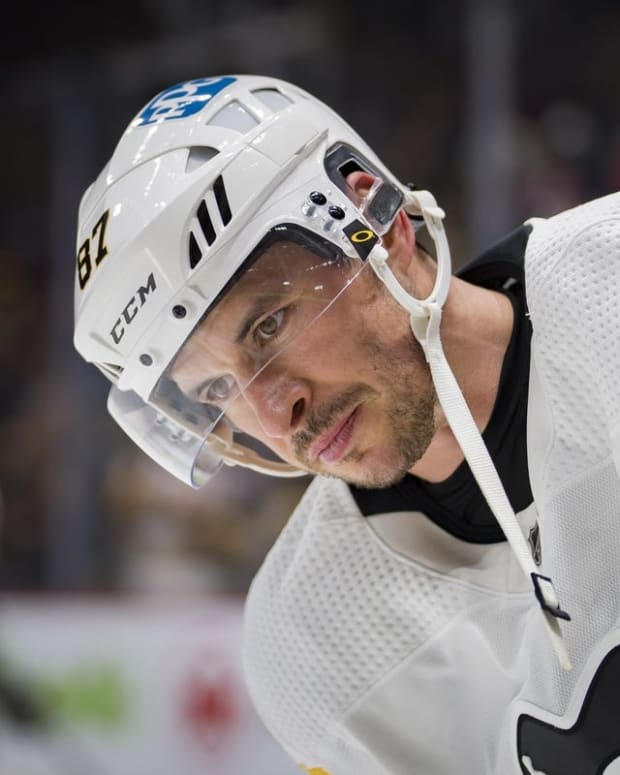 Oct 28, 2022; Vancouver, British Columbia, CAN; Pittsburgh Penguins forward Sidney Crosby (87) skates during warm up prior to a game against the Vancouver Canucks at Rogers Arena. Mandatory Credit: Bob Frid-USA TODAY Sports